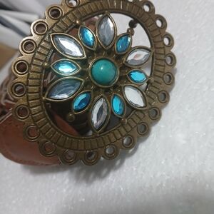 Elegant Brown Belt with Turquoise and Blue Accents